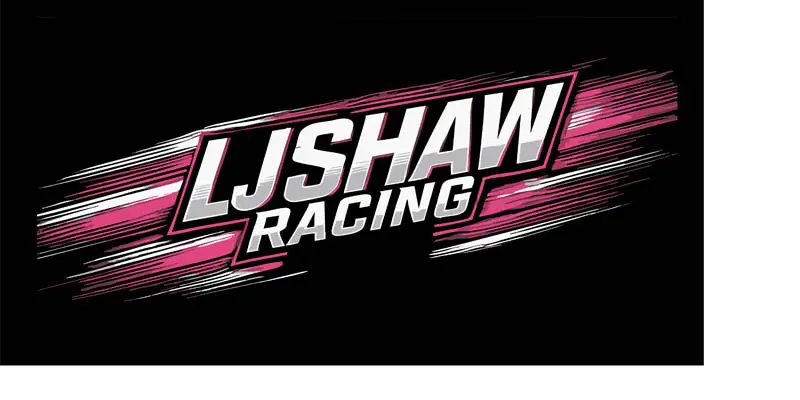 Bold racing logo with pink accents